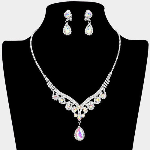 Teardrop Stone Accented Rhinestone Necklace Clip on Earring Set - AB, Silver