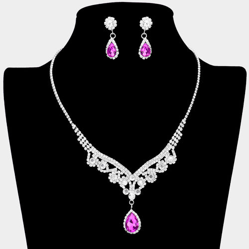 Teardrop Stone Accented Rhinestone Necklace - Purple