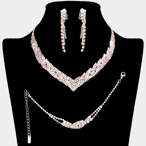 3PCS - Rhinestone Pave Necklace Clip On Earring Jewelry Set - AB, Silver