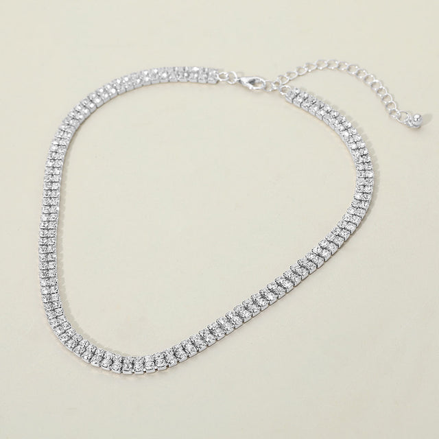 Madeline Love Clear, Rhodium Silver Dipped Double Row Rhinestone Necklace - Necklaces
