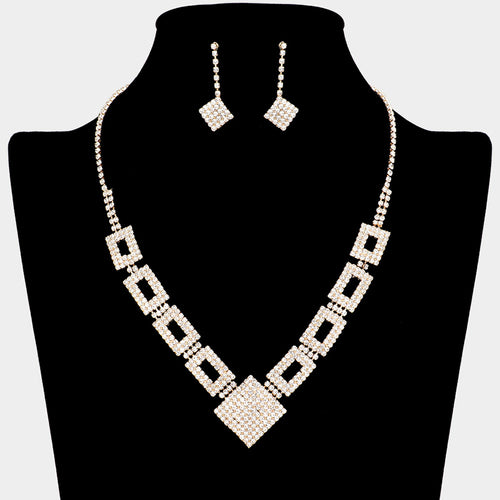 Rhinestone Pave Square Open Rectangle Necklace - Gold