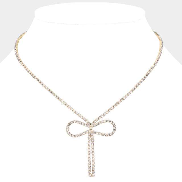 Madeline Love Gold Rhinestone Paved Bow Pointed Necklace - Necklaces