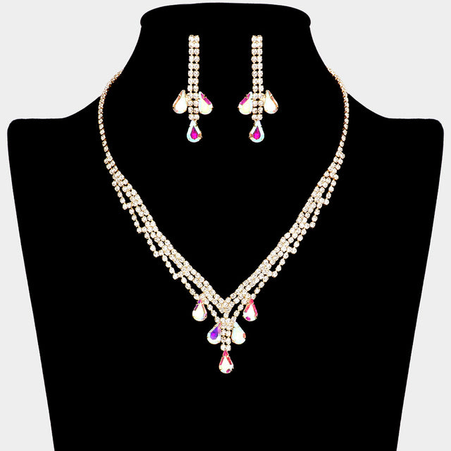 Madeline Love AB, Gold Teardrop Stone Accented Rhinestone Paved Necklace