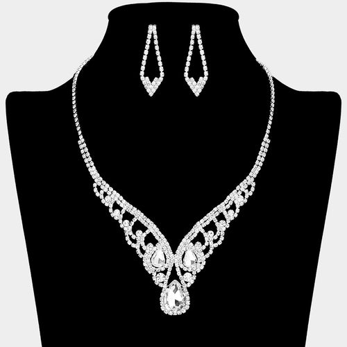 Teardrop Stone Accented Rhinestone Paved V Shape Necklace - Silver