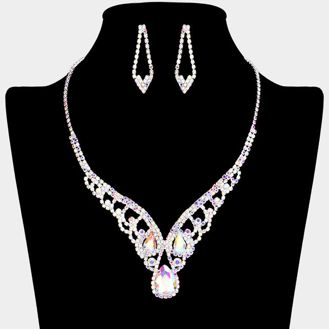 Madeline Love AB, Silver Teardrop Stone Accented Rhinestone Paved V Shape Necklace - Jewelry