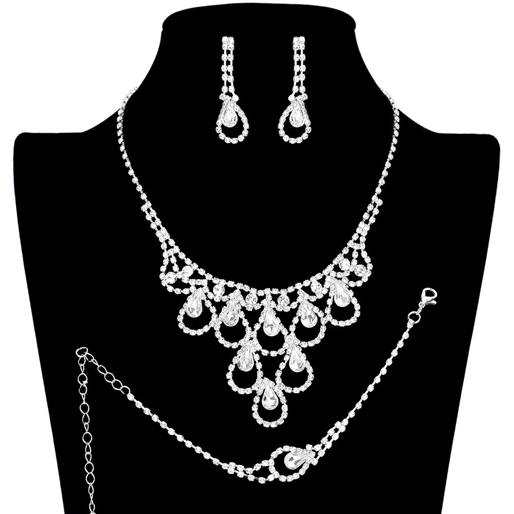 Gold 3PCS Teardrop Stone Accented Rhinestone Necklace Jewelry Set, This beautiful necklace set is a classic choice for your accessory collection. Featuring a rhinestones, the 3-piece set is sure to add sparkle to your wardrobe. Its timeless design will make this set a favorite for years to come.