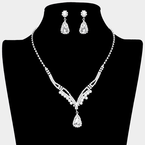 Teardrop Stone Pointed Pearl Rhinestone Paved Necklace - Silver, White