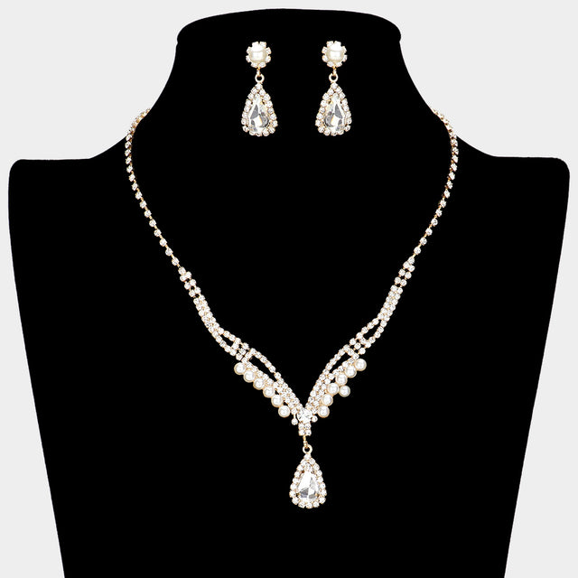 Madeline Love Clear, Gold Teardrop Stone Pointed Pearl Rhinestone Paved Necklace - Jewelry