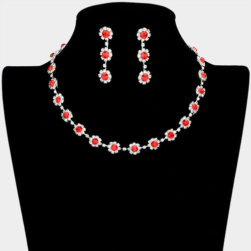 Floral Crystal Rhinestone Collar Necklace - Red