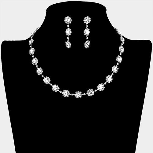 Floral Crystal Rhinestone Collar Necklace - Silver