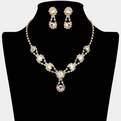 Round Crystal Vine Rhinestone Bib Drop Necklace - AB, Gold