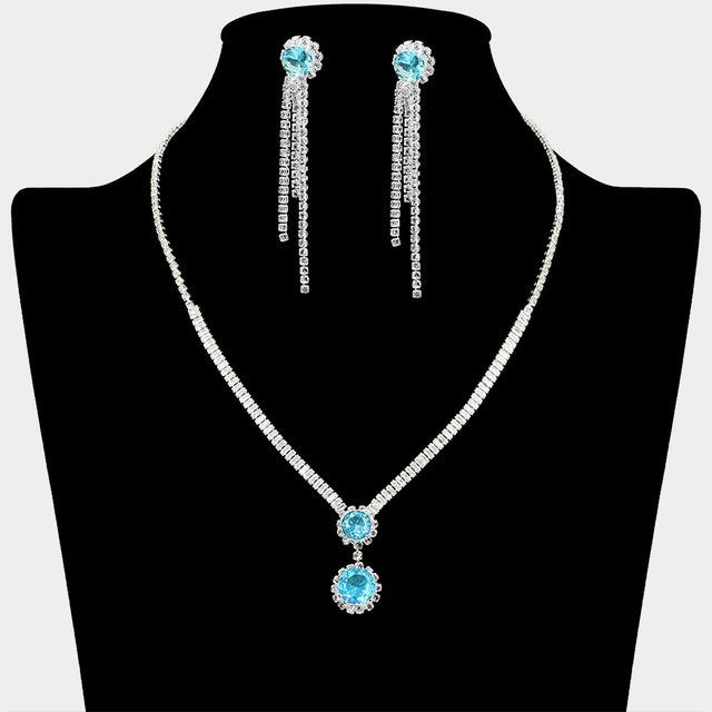 Madeline Love Aqua, Silver Round CZ Stone Cluster Pointed Rhinestone Paved Necklace - Jewelry