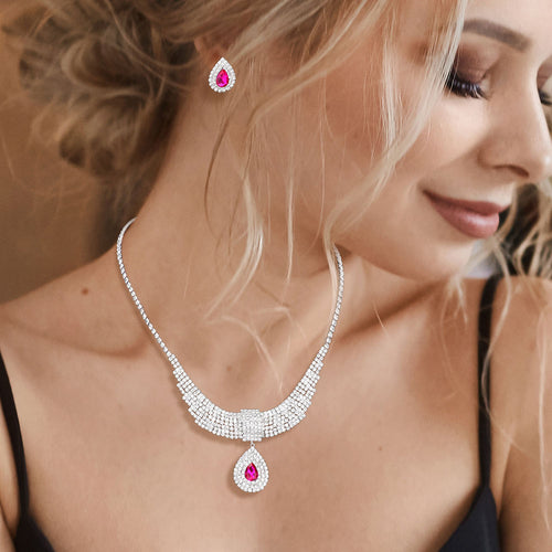 Teardrop Stone Pointed Rhinestone Paved U Shaped Necklace - Fuchsia