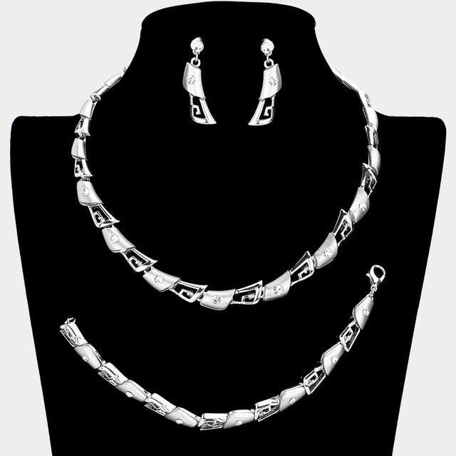 Madeline Love Silver 3PCS - Geo Metal Round Stone Detail Necklace jewelry Set