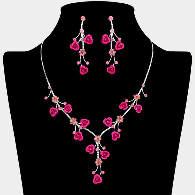 Madeline Love Pink, Silver Rhinestone Embellished Rose Flower Cluster Vine Necklace - Jewelry