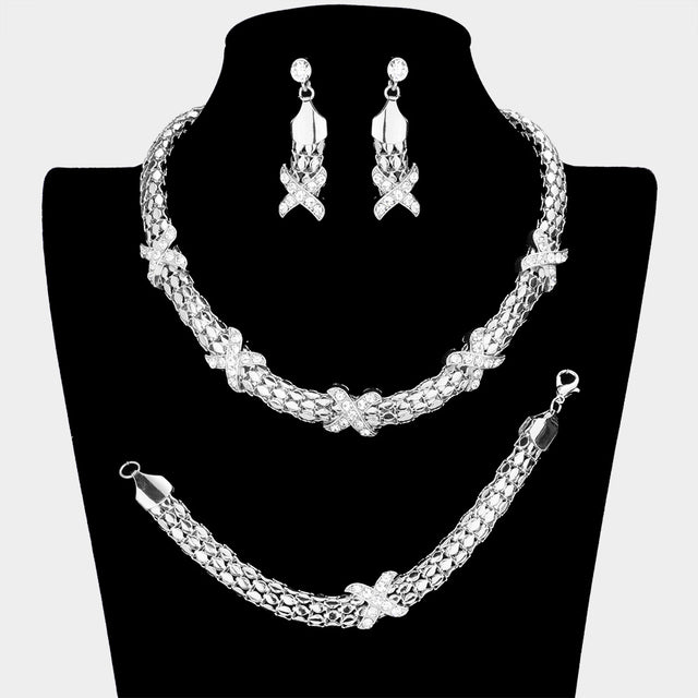 Madeline Love Clear, Silver 3-PCS Crossed Rhinestone Necklace Jewelry Set