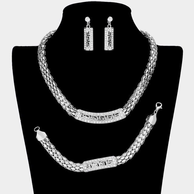 Madeline Love Silver 3PCS - Greek Pattern Rhinestone Pave Pendant Accented Mesh Metal Chain Necklace Set - Jewelry