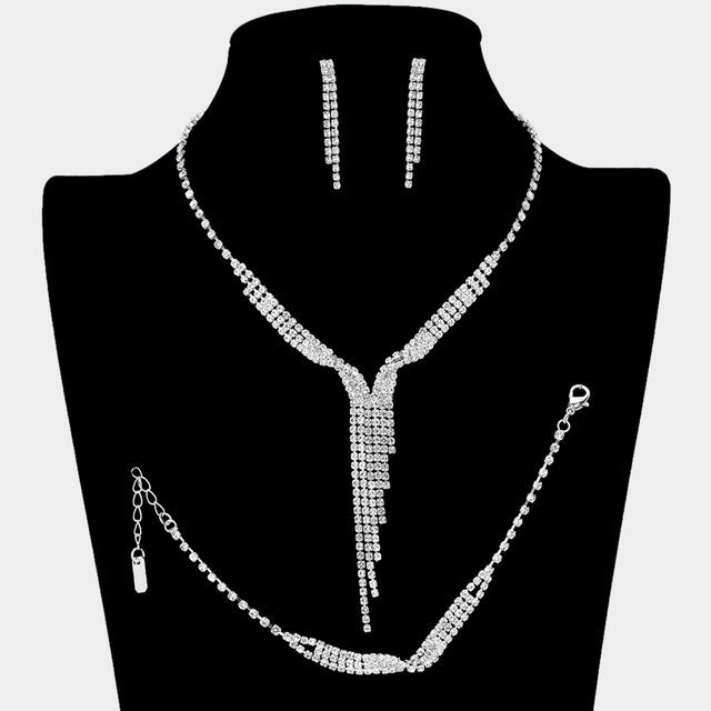 Madeline Love Clear, Silver Rhinestone Paved Long Fringe Jewelry Set