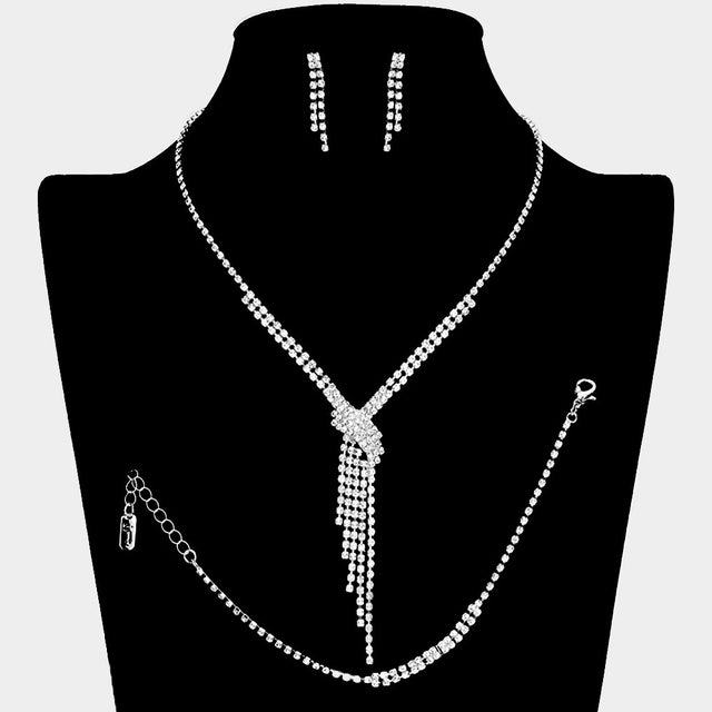 Madeline Love Silver Rhinestone Paved Fringe V Shape Necklace Jewelry Set