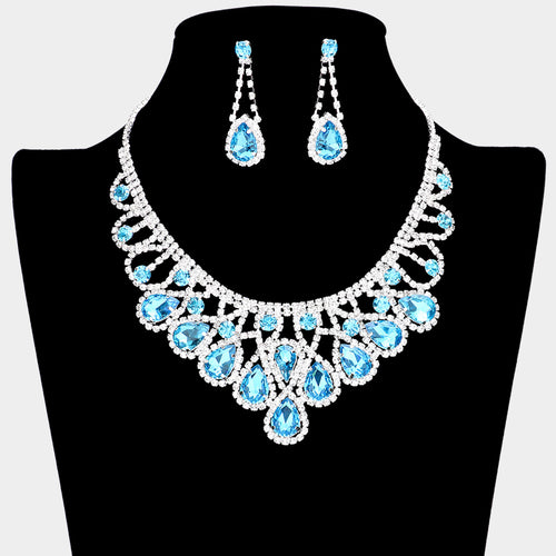 Crystal Teardrop Rhinestone Pave Evening Necklace - Aqua, Blue