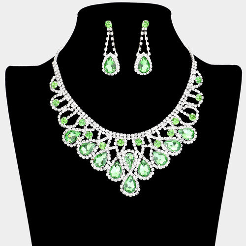 Crystal Teardrop Rhinestone Pave Evening Necklace - Green