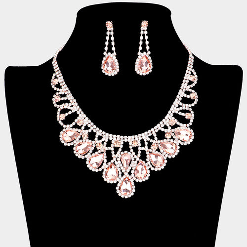Crystal Teardrop Rhinestone Pave Evening Necklace - Peach, Rose Gold