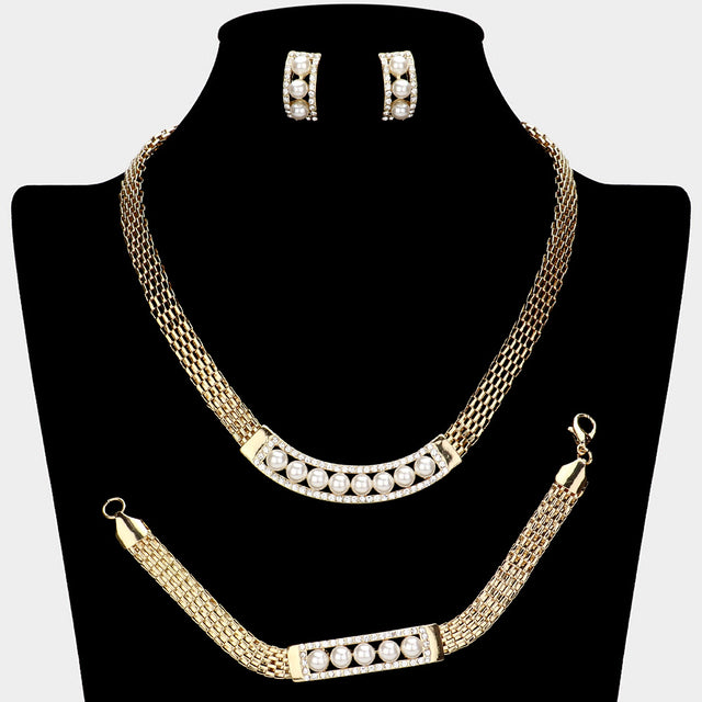 Madeline Love Clear, Gold Pearl Pointed Bar Crystal Rhinestone Necklace Jewelry Set