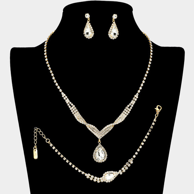 Madeline Love Clear, Gold Crystal Rhinestone Teardrop Pendant Necklace Jewelry Set