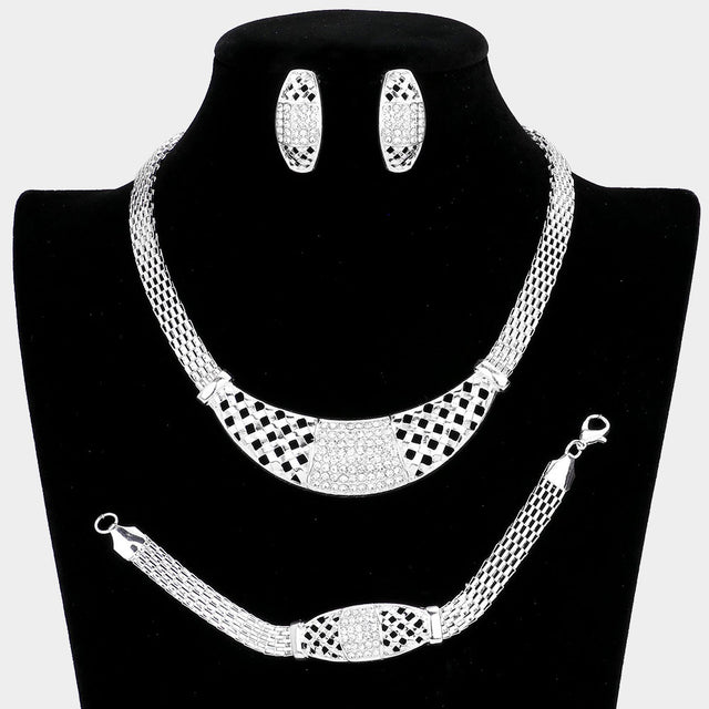 Madeline Love Clear, Silver 3PCS - Crystal rhinestone pave metal mesh necklace jewelry set - Necklaces