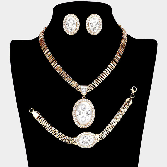 Madeline Love Two Tone Marquise Rhinestone Trim Oval Dangle Necklace Jewelry Set