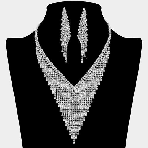 Crystal Rhinestone Marquise V-Collar Necklace - Clear, Silver