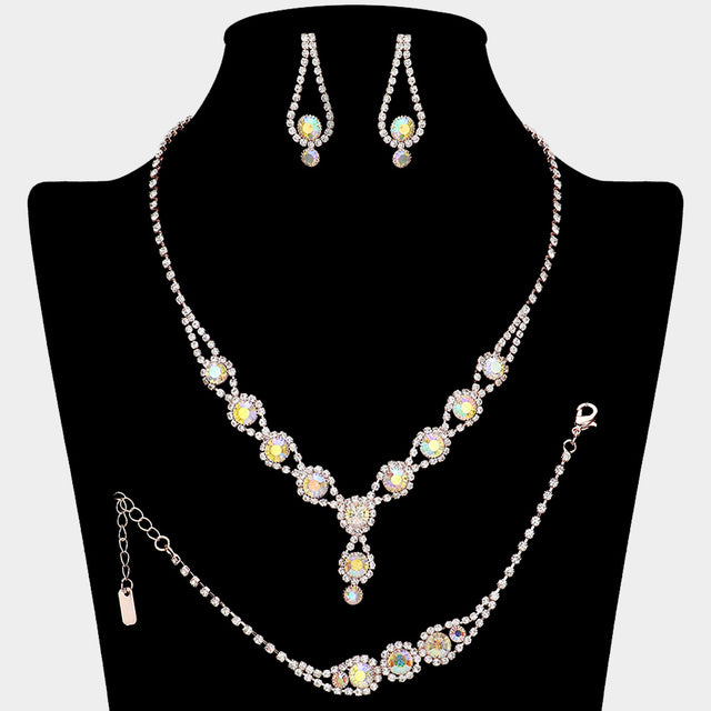 Madeline Love AB, Rose Gold Rhinestone Bubble Necklace Jewelry Set