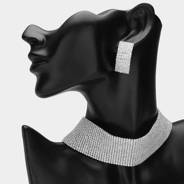 Madeline Love Clear, Silver 15 Row Mini Crystal Rhinestone Choker Necklace - Necklaces