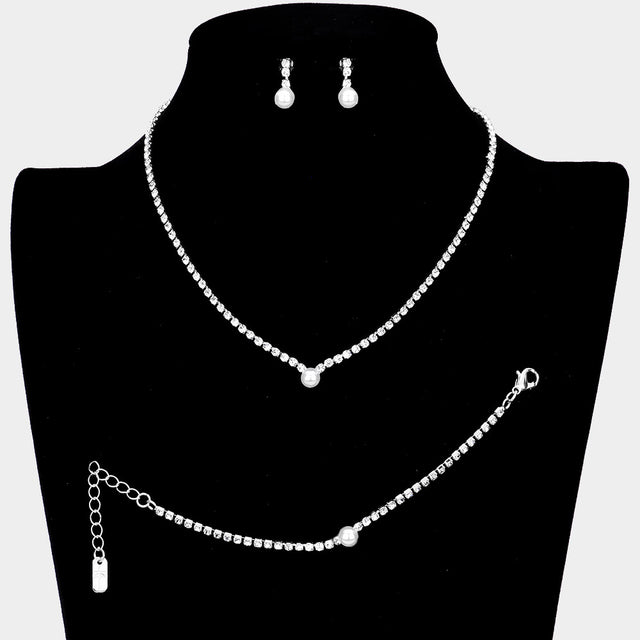 Madeline Love White 3PCS - Pearl Accented Rhinestone Necklace Jewelry Set