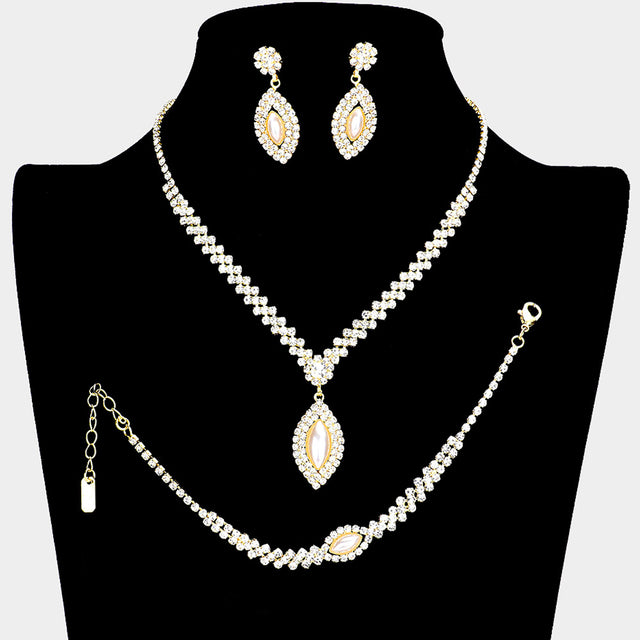 Madeline Love Clear, Cream, Gold 3PCS - Crystal Rhinestone Oval Pearl Dangle Necklace Jewelry Set