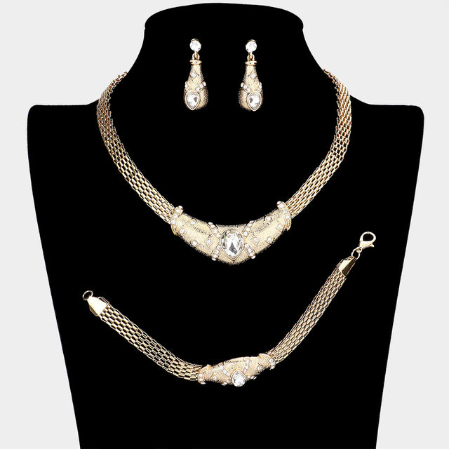 Madeline Love Gold 3PCS - Crystal Teardrop Accented Pendant Collar Necklace Set - Jewelry