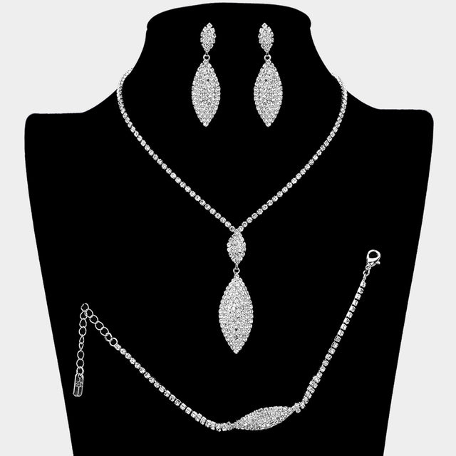 Madeline Love Clear, Silver Rhinestone Paved Marquise Drop Necklace Set - Jewelry