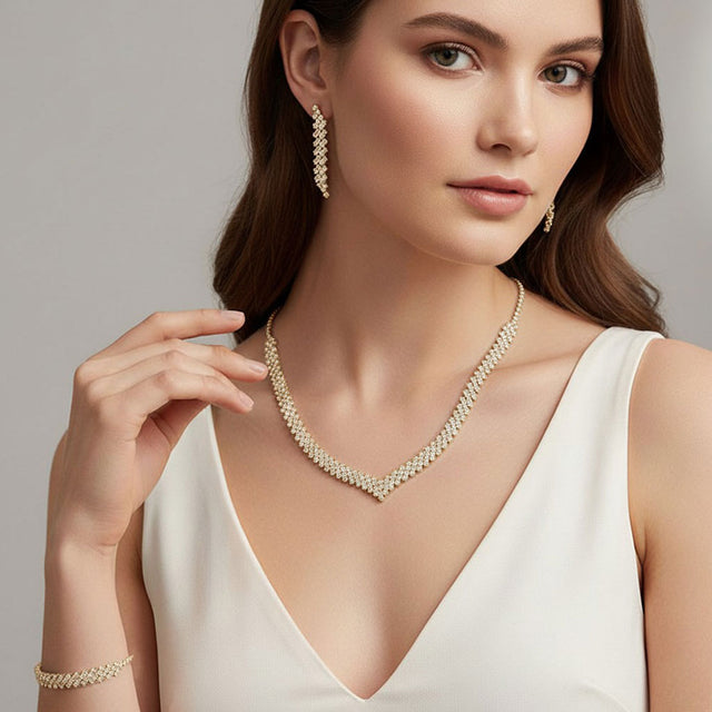 Madeline Love Clear, Gold Rhinestone Pave Bubble V Collar Necklace Set