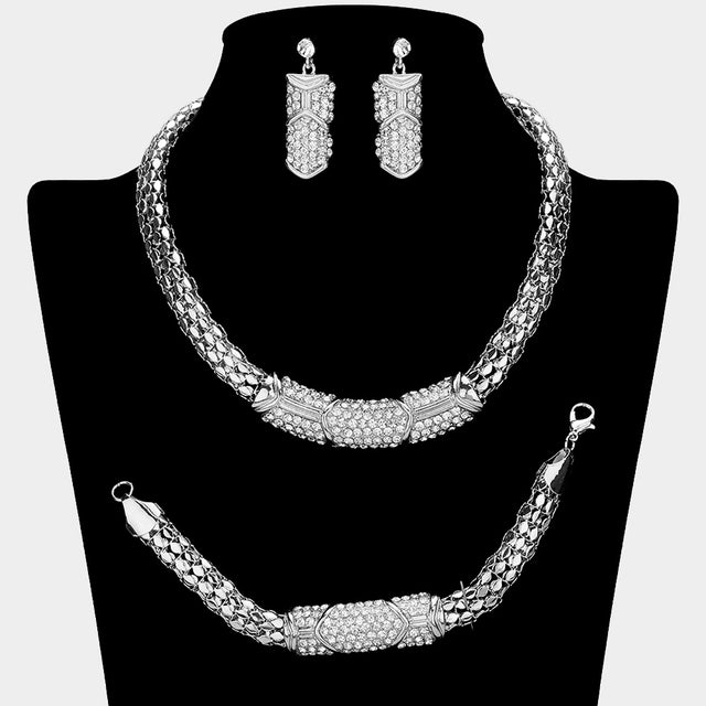 Madeline Love Clear, Silver Rhinestone Pave Snake Metal Necklace Jewelry Set