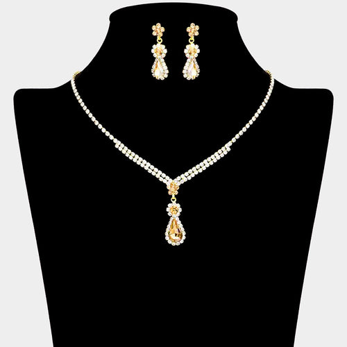 Teardrop Stone Accented Evening Necklace - Gold, Lt Col Topaz
