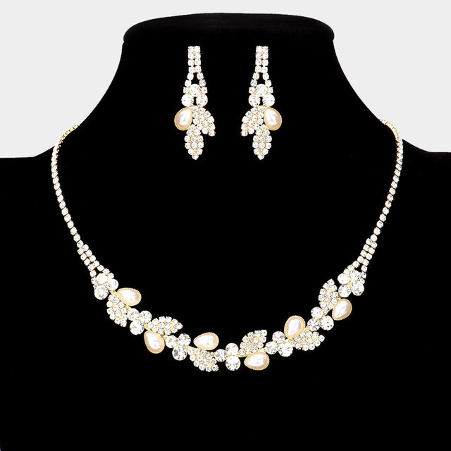 Madeline Love Gold Teardrop Pearl Accented Rhinestone Petal Necklace - Jewelry