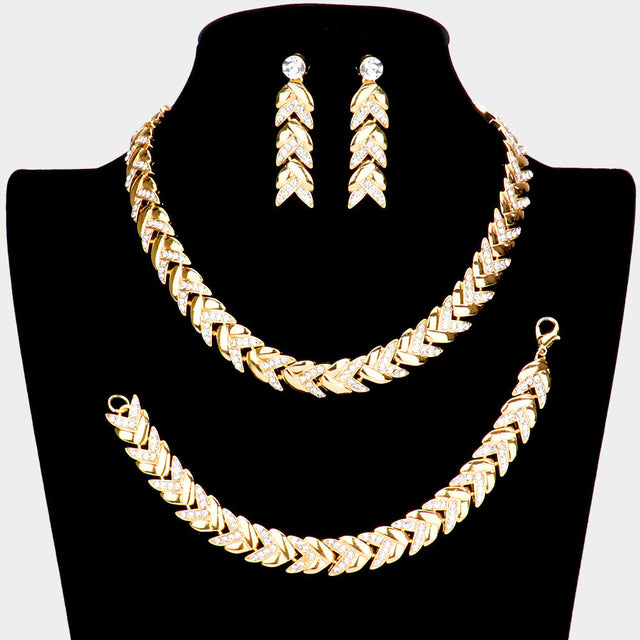 Madeline Love Gold 3PCS - Rhinestone Embellished Chevron Link Necklace Jewelry Set