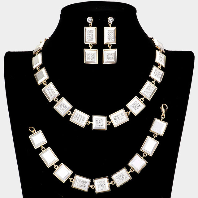 Madeline Love Two Tone 3PCS - Rhinestone Embellished Square Rectangle Link Necklace Jewelry Set