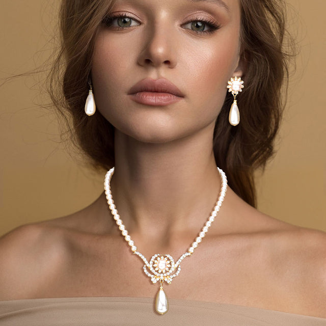 Madeline Love Cream, Gold Stone Embellished Metal Pearl Link Pendant Necklace - Necklaces