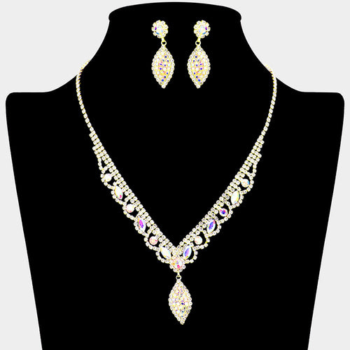 Rhinestone Marquise Accented Necklace - AB, Gold