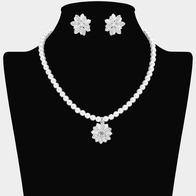 Madeline Love Silver, White Rhinestone Pearl Flower Pendant Necklace - Necklaces