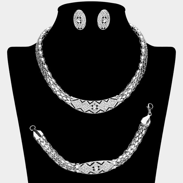 Madeline Love Clear, Silver Metal Abstract Rhinestone Paved Necklace Jewelry Set