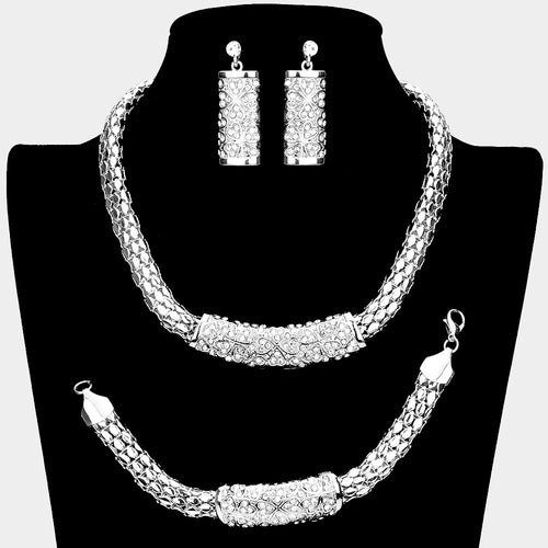 3PCS - Rhinestone Embellished Clover Detailed Necklace Jewelry Set - Silver