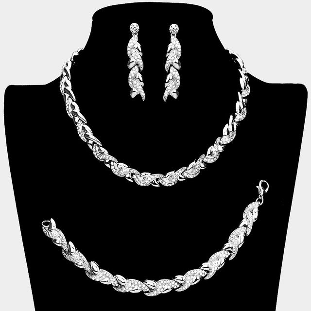 Madeline Love Silver 3PCS - Rhinestone Embellished Braided Necklace Jewelry Set