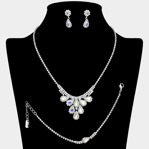 Teardrop Stone Embellished Rhinestone Paved Jewelry Set - AB, Silver